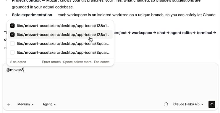 @ file picker open in the composer showing a ranked list of files with checkboxes