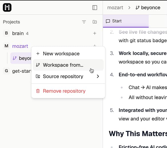 Context menu showing the Workspace from… action on a project