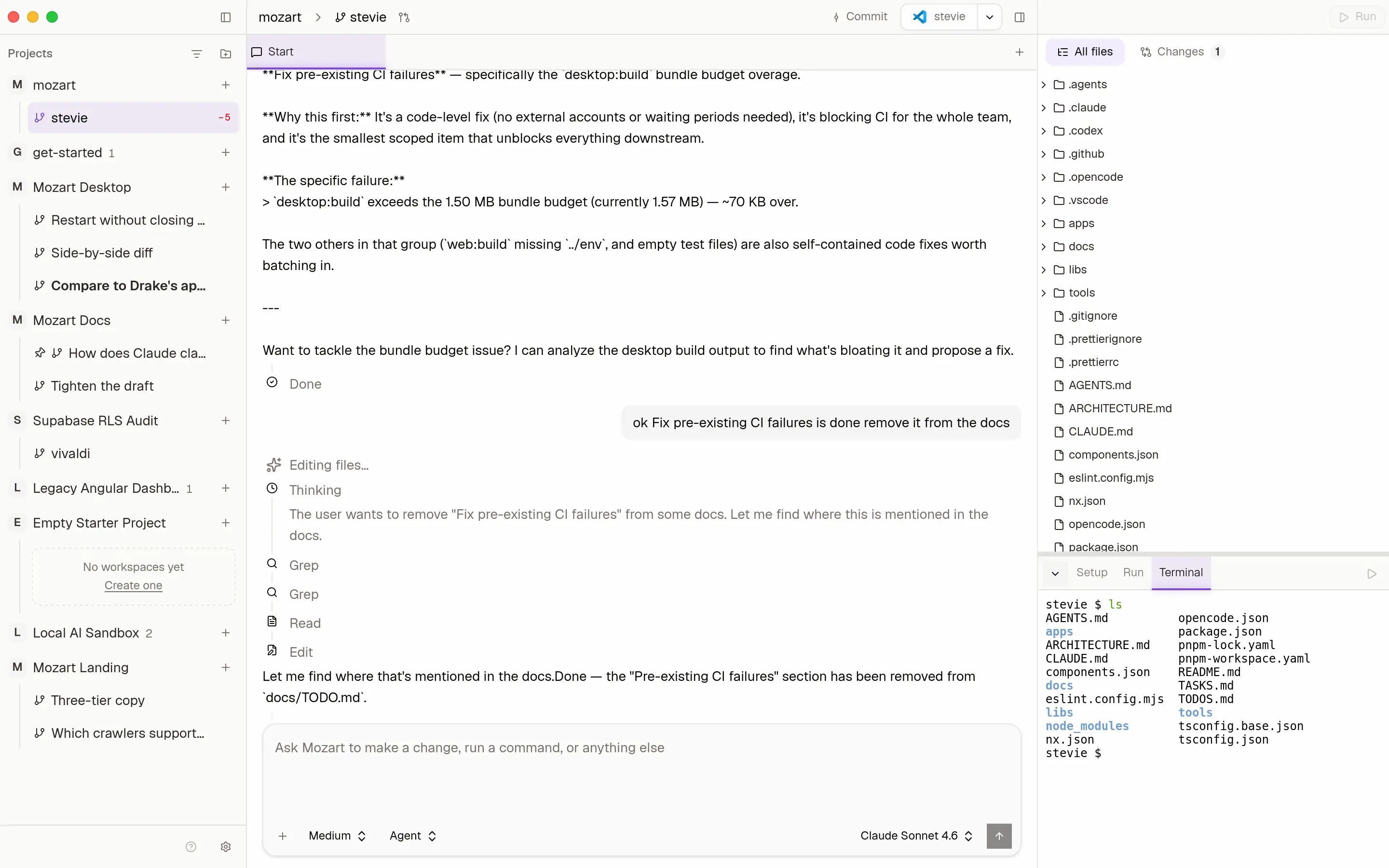 Mozart desktop: parallel Workspaces, agent timeline, and diff review running side by side. (screenshot v0.1.0-beta.2)